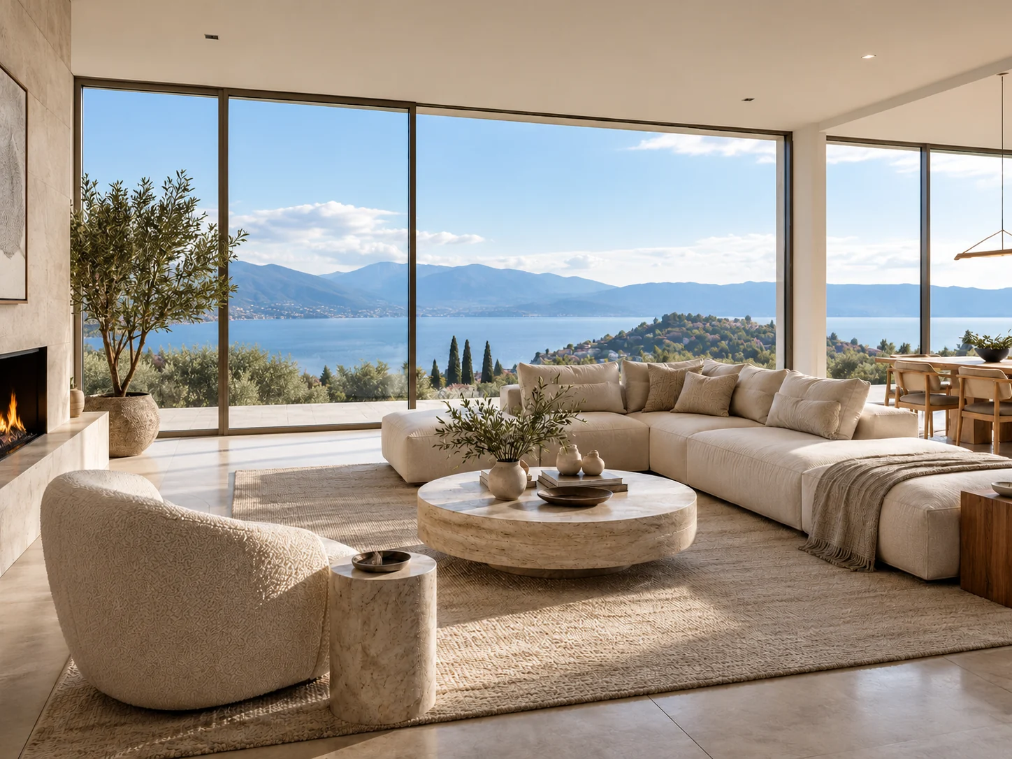 Lakeside living room with white sheer + warm beige linen — curtain-free view