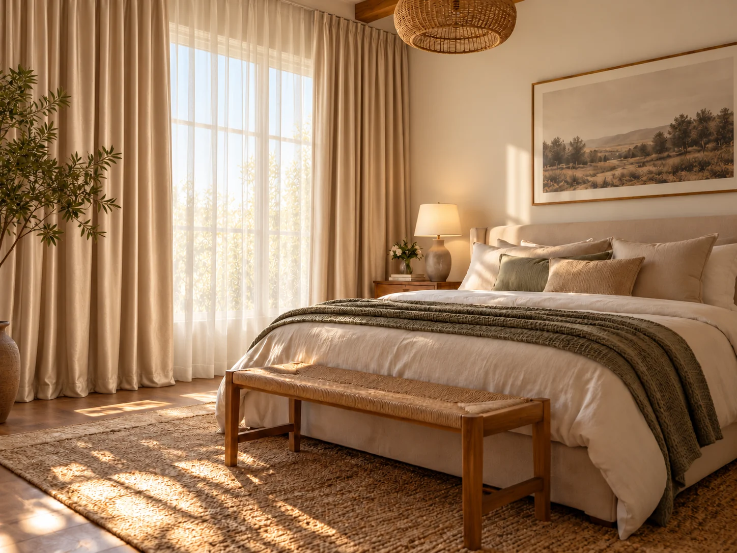 Sunlit bedroom with ivory sheer + champagne silk — layered curtain concept